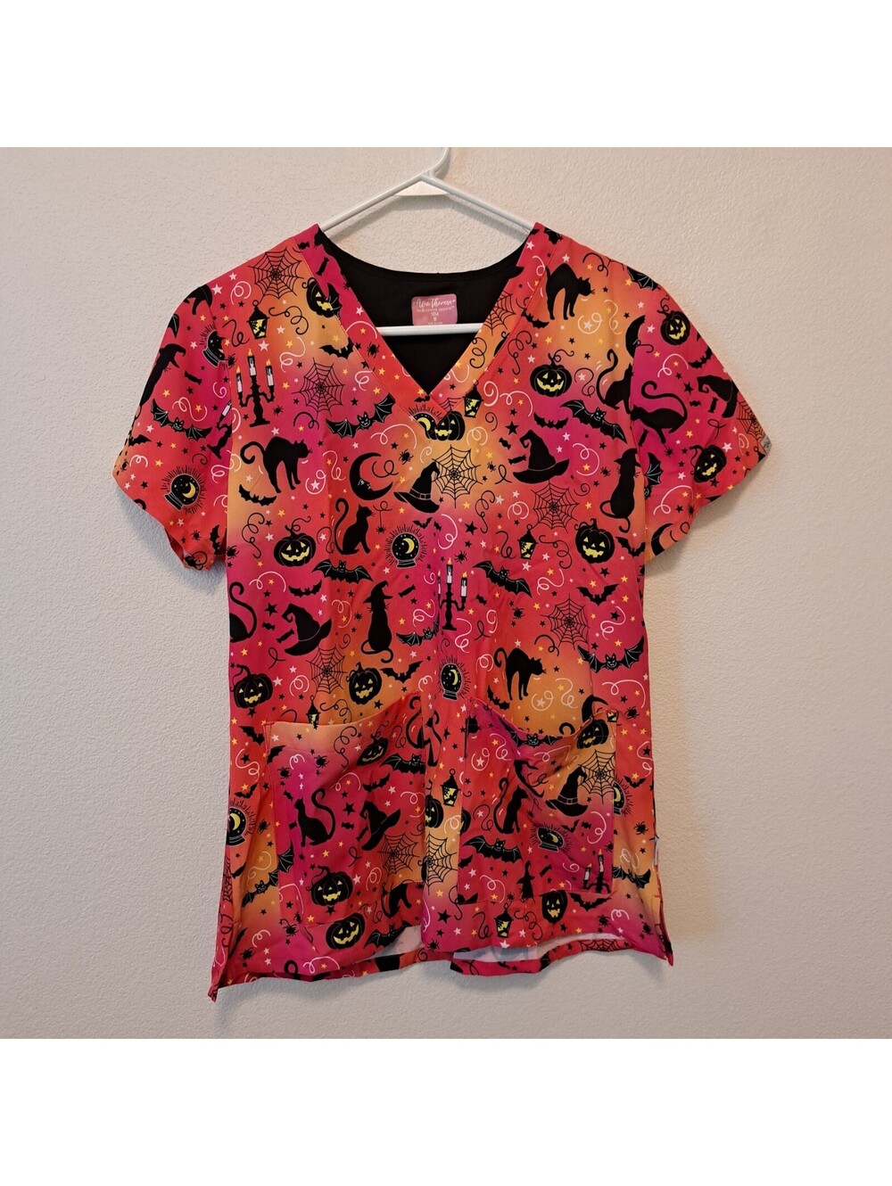 Ava Therese Halloween Themed V-Neck Scrub Top Black Cat Pumpkin Print orange
